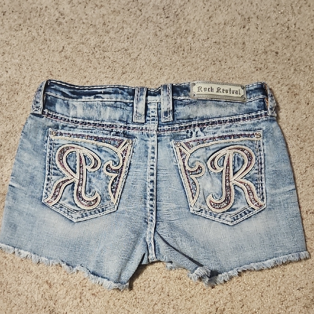 Rock Revival Light Blue Denim Shorts with Embroidery